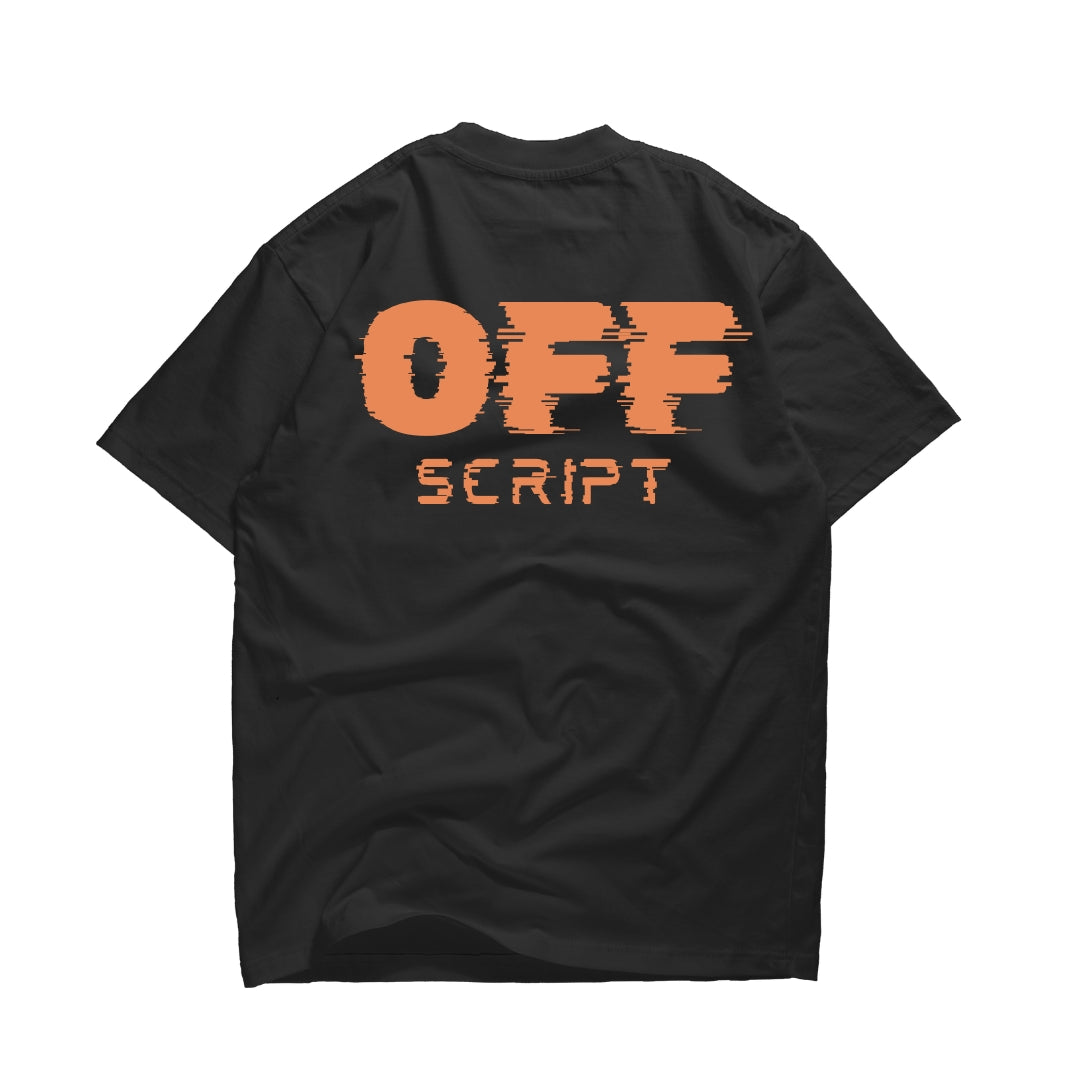 Offscript – Glitch Logo Graphic Tee (Black & Orange)